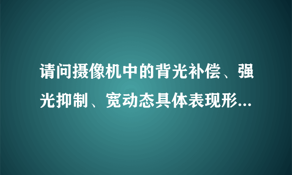 请问摄像机中的背光补偿、强光抑制、宽动态具体表现形式和区别？谢谢